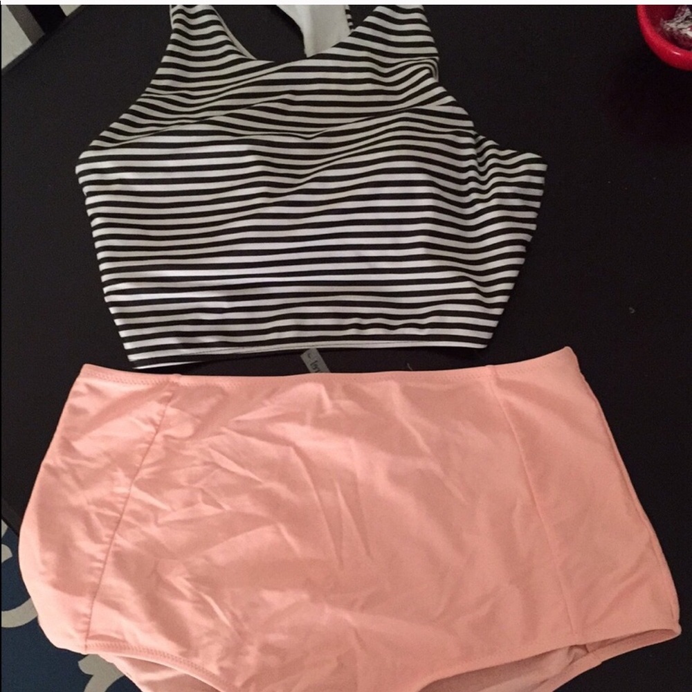 Peach/stripe high waisted swim suit like new